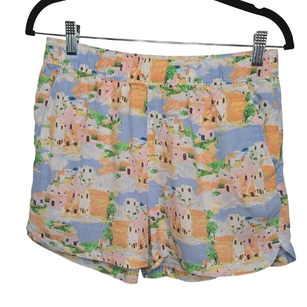 Cynthia Rowley Linen Blend Shorts Coastal Scenic Print Beach Resort Medium‎